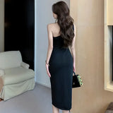 Yipinpay Sleeveless Dresses Women Diamonds One Shoulder Split Diagonal Collar Slim Stretch Party Dress Ladies Temperament