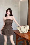 Yipinpay and hot Girls' American Vintage Suit Women's Summer Plaid strapless Top High Waist mini Skirt Two-piece Set female clothes