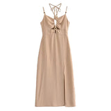 Yipinpay Summer Women Fashion Backless Halter Sling Dresses Front Slit V Neck Female Midi Party Sexy Dress