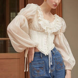 Yipinpay Retro Palace Style Waist Slimming Blouses Women Clothing Spring Temperament Bubble Sleeves Sweet Short Shirt Women Tops