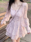 Yipinpay Summer Pink Floral Y2k Mini Dress Woman Sweet One Piece Dress Korean Fashion Chiffon Long Sleeve Short Party Dress Beach