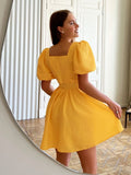 Yipinpay Crepe Elegant Woman Party Dresses Puff Sleeves A-Line Dress Summer Ruched Dress High Waist Chic Dresses 2023 Lady