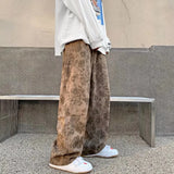 Yipinpay Mens Corduroy Pants Loose Casual Wide Leg Sweatpants for Women Vintage Distressed Printed Straight  Trousers Fashion Streetwear