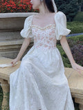 Yipinpay Summer French Vintage Floral Midi Dress Women Causal Slim Korean Fashion Dress Beach Short Sleeve Elegant Dress Office Lady