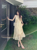 Yipinpay Elegant Dresses Women Vintage Embroidery Floral French Style Sleeveless Halter Loose Patchwork Sweet Fashion Dress