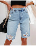 Yipinpay New Women's Summer Ripped Denim Shorts Fashion High Elastic Slim Knee Length Jeans Shorts S-2XL Drop Shipping