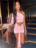 yipinpay Sexy Mini Party Dress Skirt Suit Outfits Summer One Shoulder Fashion Women Crop Tops And 2023 Wrap Skirt Two Piece Set
