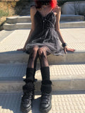 Yipinpay Dark Gothic Mesh Dress Women Fairy Grunge Vintage Punk Strapless High Waist Dresses Harajuku Mall Goth Emo Alt Partywear