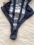 Yipinpay Strap Shiny Sexy Bodysuits Ladies 2024 Sleeveless Patchwork Slim Lingerie Top Open Crotch Mesh Erotic Playsuits