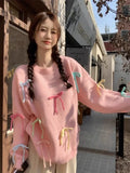 Yipinpay Autumn Winter Sweet Sweater Women Bow O Neck Pullover Long Sleeve Elegant Knitted Tops Female Casual Pullover Fashion
