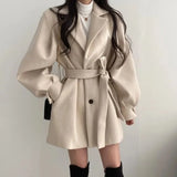 Yipinpay Women Solid Wool Blend Coat Slim Fit Belt Coats Female Warm Cotton Thick V-neck Office Lady Elegant Trendy Button Outwear Ins