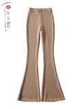 Yipinpay Solid Knitted High Waist Flare Pants For Women Ribbed Casual Leggings Female Stretchy Bodycon Trousers Fashion Streetwear