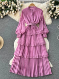 Yipinpay Spring French Style Chiffon Long Dress 2024 Long Sleeve Single Breasted Fashion Belt Women A-Line Elegant Party Dress