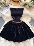 Yipinpay Ruffles Senior Slim Party Dress Strapless Off Shoulder Sleeveless Golden Chain Women Vintage Velvet Short Sexy Dress