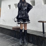 Yipinpay Mall Goth Gothic Lace Ruffle Mini Skirts Womens Harajuku Fairy Grunge Black Pleated Skirt Japanese Lolita Streetwear