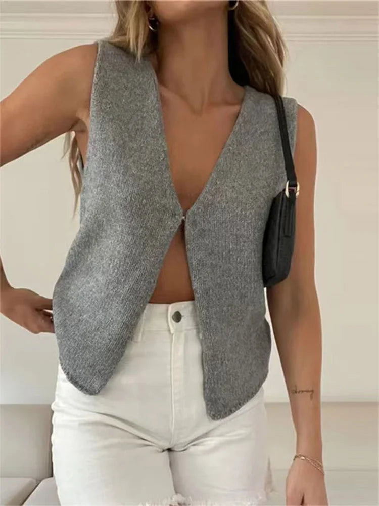 Yipinpay Female Hollow Out Knit Cardigan Sexy Sleeveless Baggy High Street Tank Top Summer V-Neck Slim Fashion Women Vest Y2k Top