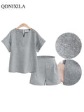 Yipinpay Summer New Cotton Linen Oversized Women's Shorts Sets Solid Fashion Short Sleeve T-shirt Top and Shorts 2 Piece Set Outfits