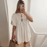 Yipinpay Short Puff Sleeve Leopard Mini Dress Women 2024 Elegant Lace Up Round Neck Short Dress Summer Loose Casual Beach Dress