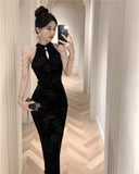 Yipinpay Hot Girl Retro Long Dress Children's Autumn Elegant Velvet Embossed Pearl Chain Cheongsam Dress Fashion Female Clothes