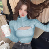 Yipinpay Mink Cashmere Turtleneck Sweater Women Jumper Y2k Clothes Sueters De Mujer Crop Tops Hollow Out Knit Sweaters Pink