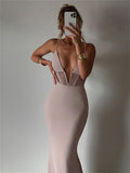 Yipinpay Spaghetti Straps Evening Party Long Dress 2023 New Sexy See-Through Sleeveless Deep V-Neck Corset Fishtail Bodycon Dress