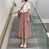 Yipinpay Floral Print A-line Pleated Long Skirts Summer Women 2024 Korean Skirt Streetwear Drawstring Elastic Waist Midi Skirt