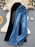 Yipinpay American Retro Women Long Jeans Drawstring Zipper Design Flare Britches Streetwear Vintage Hotsweet Ins Denim Pants