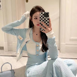Yipinpay Top Camisole Autumn 2023 Short Blue Cardigan Outwear Sweater Jacket Wide Leg Knitting Pink Pants Tracksuit 3 Sets