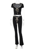 Yipinpay MO Female Summer Square Neck Bandage Crop Top And Flare Pants Skinny Set Women High Waist Pants Outfits Two Piece Sets