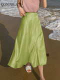 Yipinpay Summer New Women's Skirts Fashion Elegant Acetic Acid Fabric Midi Length High Waist Streetwear Satin Thin White Woman Skirt