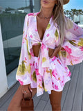 Yipinpay Boho Floral Print Lantern Sleeve Crop Top Suit 2023 Summer Fashion Chic Chiffon Shorts Outfits Casual Loose Lady Beach Suit