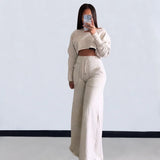 Yipinpay Fashion Women's Two-Piece Long Sleeve Short Top And Wide Leg Pantsuit Spring Solid Color Comfortable Ladies 2-Piece Set