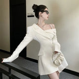 Yipinpay Chic Fashion Elegant Temperament Off Shoulder Dresses Spring 2023 Irregular Slim Button Up Blazer Vestidos Mujer Dress
