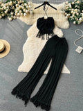 Yipinpay Summer Knitted Beach Two Pieces Sets Women Halter Backless Camis+Wide Legs Long Pants Tassel Hollow Out Bohe Suits