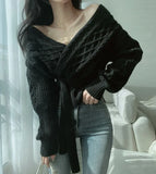 Yipinpay Waist Bandage Sweaters Chic Cross V Neck Argyle Pullovers Sweater Lazy Wild Black Twist Knitted Sweater Top Clothes Women