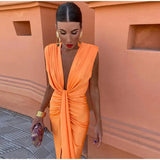 Yipinpay Pleated Lace Up Deep V-neck Dress Women Chic Solid Sleeveless High Waist Split Dresses Summer Lady Party Banquet Vestidos