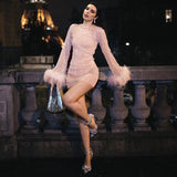 Yipinpay Fashion Summer Long Sleeve Mini Feathers Shining Women Club Sexy Dress Evening Outfits Hollow Out Mesh Dress Wrap