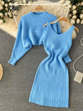 Yipinpay Autumn Knitted Dress Suits Women O Neck Long Sleeves Short Pullover+Strap Elastic Dress Korean Sweater Two Pieces Sets