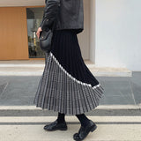 Yipinpay 2023 Autumn Winter Houndstooth Knitted Long Skirts Women Vintage Black High Waist Midi Pleated Skirt Elegant Casual