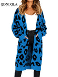 Yipinpay Autumn Winter Long Leopard Cardigan Women Knitted Sweater Oversized Coat Colorful Long Sleeve Women's Clothing Female Robe