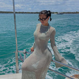 Yipinpay Women's Summer Long Knit See-through Beachwear Solid Color Flare Long Sleeve O Neck Hollow Backless Cover Up Dress