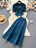 Yipinpay Fashion Denim Suits Cardigan Square Collar Short Sleeves Blouse+High Waist A Line Skirt Women Hotsweet Two Pieces Sets