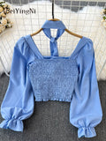 Yipinpay Woman's Blusas Korean Vintage Square Collar Long Sleeve Chiffon Blouses Women Back Elastic Kawaii Crop Top White Shirt