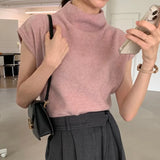Yipinpay Gentle Grey Half Turtleneck T-shirt Short Sleeve Top Slim Crop Y2k Clothes Pink Shirts for Women Knit Tee Ropa De Mujer