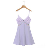 Yipinpay 2024 Women Floral Embroidery Purple Sling Mini Dress Sexy Backless V Neck Female Summer Dress Holiday Robe LDZZ7038