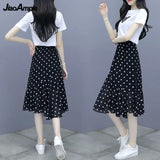 Yipinpay Summer New Short-sleeved T-shirt Chiffon Polka Dot Skirt Two-piece Set Women's All-match White Top Black Midi Skirts Suit