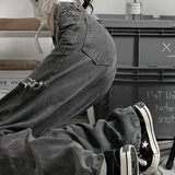 Yipinpay And Winter Women Bottoms Black Vintage Fashion High Waist Jeans Ripped Baggy Wide Leg Pants Street Straight Denim Trouser