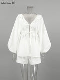 Yipinpay White Casual Cotton Shorts Women Suits Two Pieces Vacation Linen Outfits Lace-Up Loose Tops And Hot Pants Sets Lady