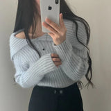 Yipinpay Elegant Sexy Mink Cashmere Off Shoulder Pink Sweaters for Women Sueter Mujer Fleece Crop Tops Slim Mohair Korean Fashion
