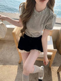 Yipinpay Summer Sweet Elegant Blouse Women Evening Party Slim Y2K Crop Top Office Lady Outwear Short Sleeve Korean Reviews Clothes